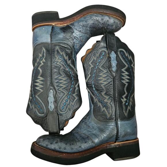 Lucchese 2000 Ostrich Skin and Leather Western Cowboy Boots Blue Black Size 7 - Picture 4 of 9